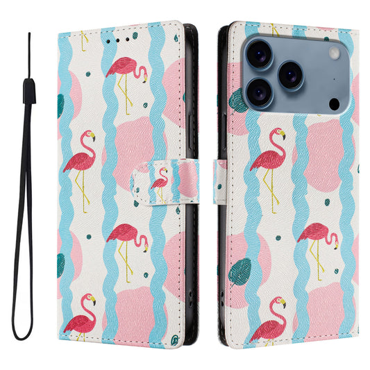 For iPhone 17 Pro Case Pattern Print PU Leather Wallet Phone Cover with Wrist Strap
