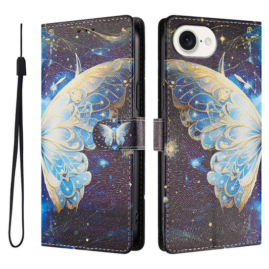 For iPhone 17e / 16e Case Pattern Print PU Leather Wallet Phone Cover with Wrist Strap