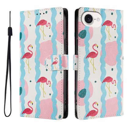 For iPhone 17e / 16e Case Pattern Print PU Leather Wallet Phone Cover with Wrist Strap