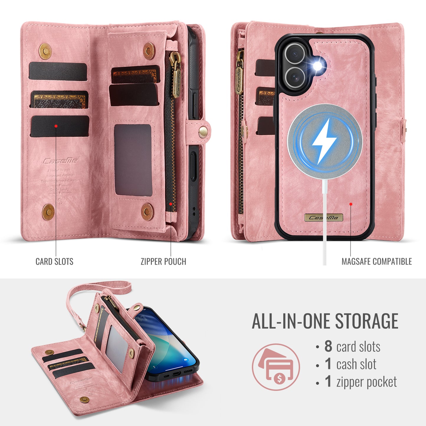 CASEME For iPhone 17 Phone Cases  008 Leather Cover with Detachable Wallet and Strap