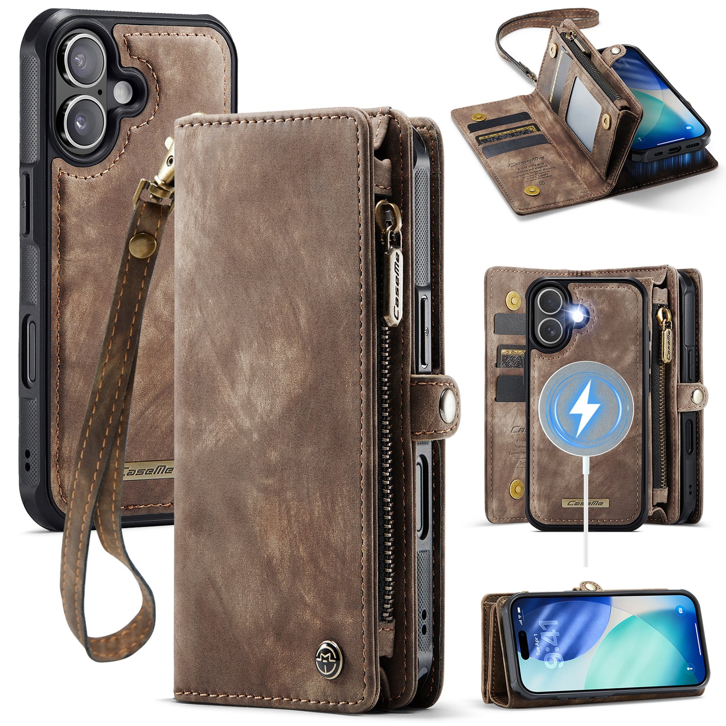 CASEME For iPhone 17 Phone Cases  008 Leather Cover with Detachable Wallet and Strap