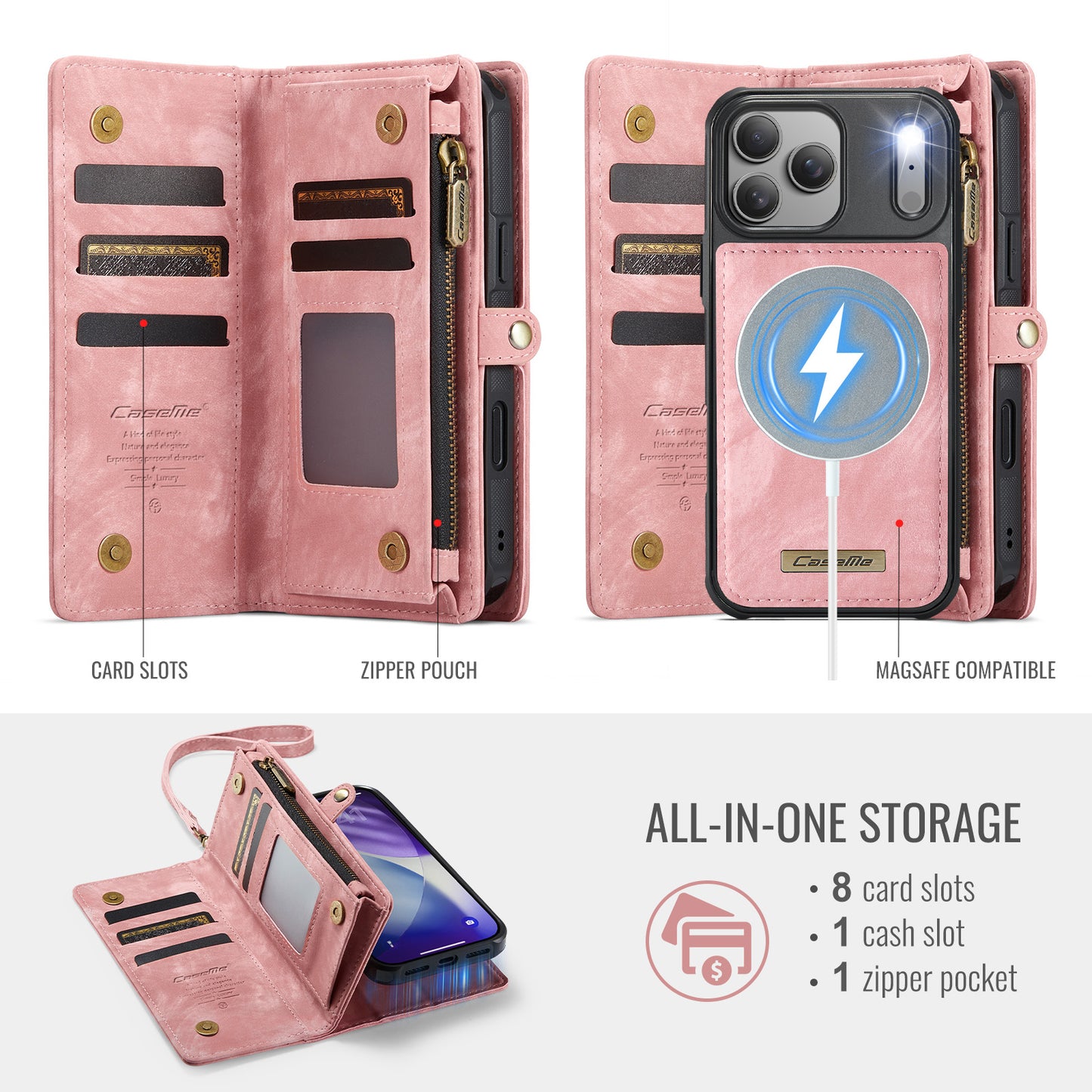 CASEME For iPhone 17 Pro Phone Cases  008 Leather Cover with Detachable Wallet and Strap