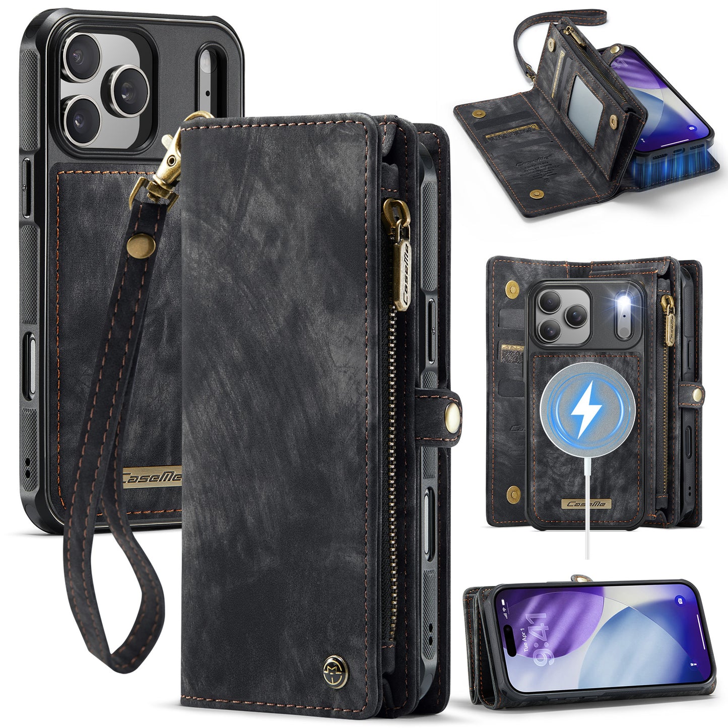 CASEME For iPhone 17 Pro Phone Cases  008 Leather Cover with Detachable Wallet and Strap