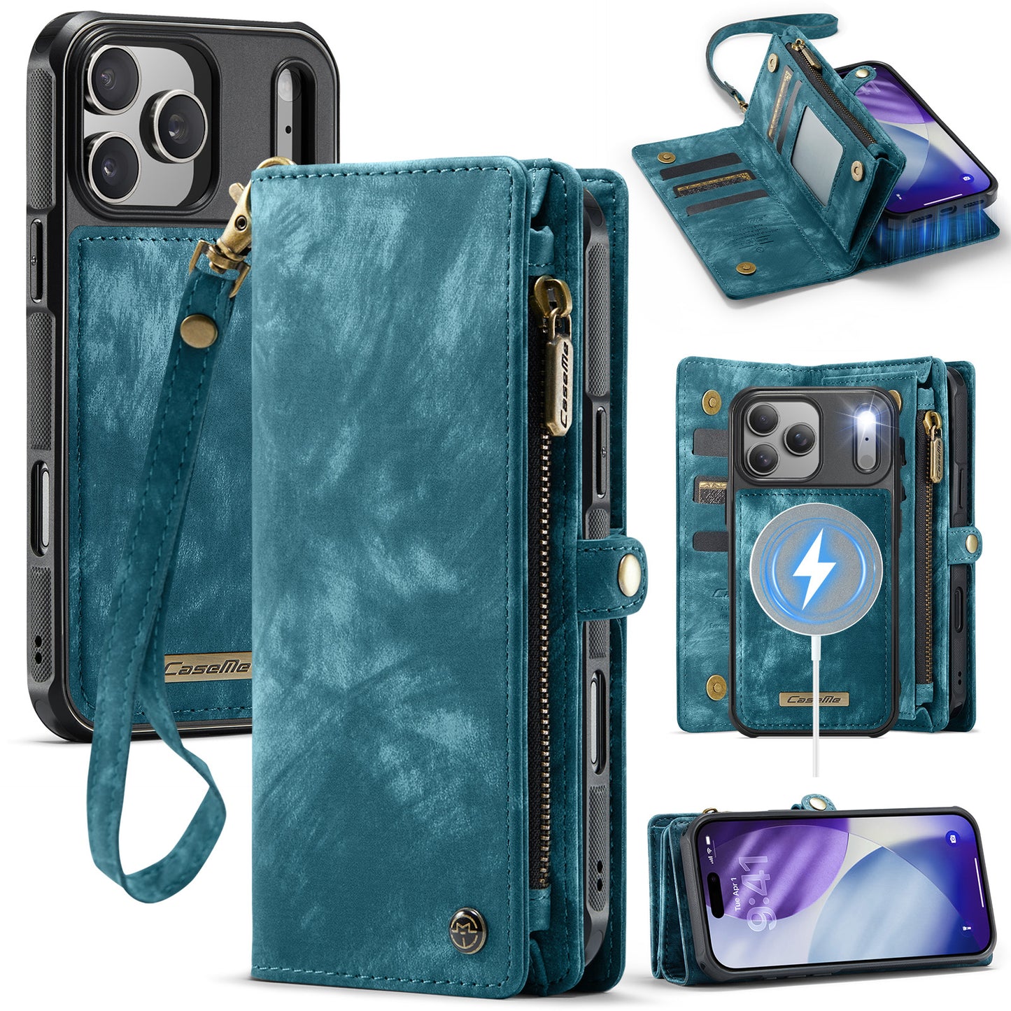 CASEME For iPhone 17 Pro Phone Cases  008 Leather Cover with Detachable Wallet and Strap