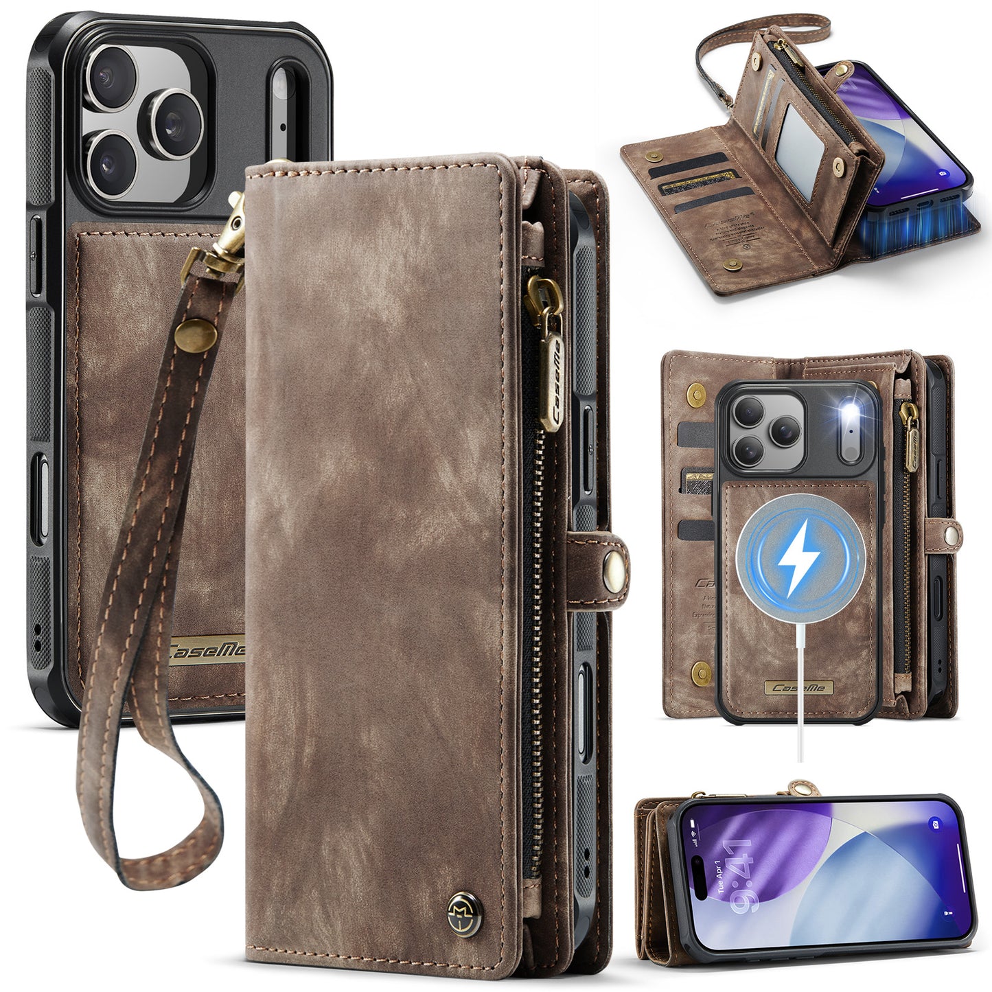 CASEME For iPhone 17 Pro Phone Cases  008 Leather Cover with Detachable Wallet and Strap