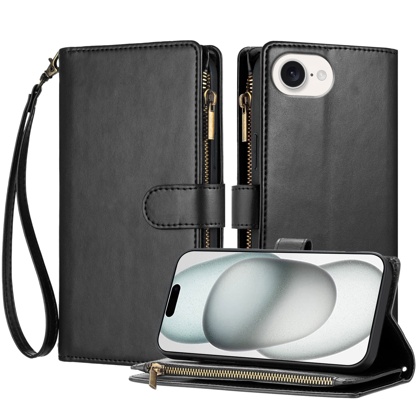 For iPhone 17e / 16e Leather Case Zipper Wallet Stand Shockproof Phone Cover with Wrist Strap
