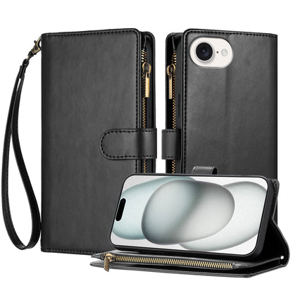 For iPhone 17e / 16e Leather Case Zipper Wallet Stand Shockproof Phone Cover with Wrist Strap