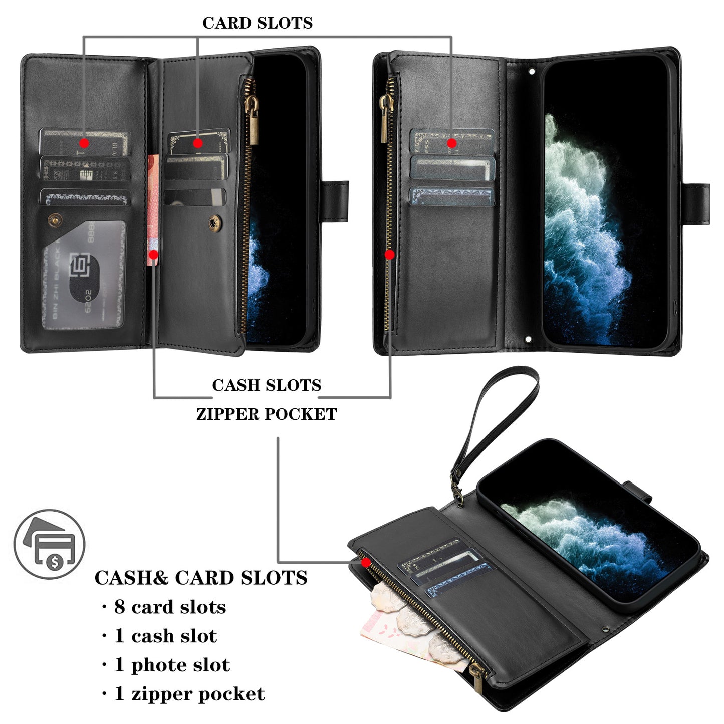 For iPhone 17e / 16e Leather Case Zipper Wallet Stand Shockproof Phone Cover with Wrist Strap