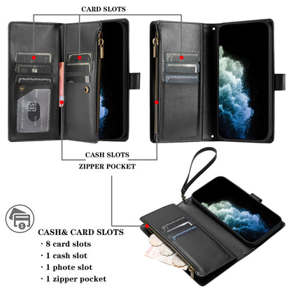 For iPhone 17e / 16e Leather Case Zipper Wallet Stand Shockproof Phone Cover with Wrist Strap