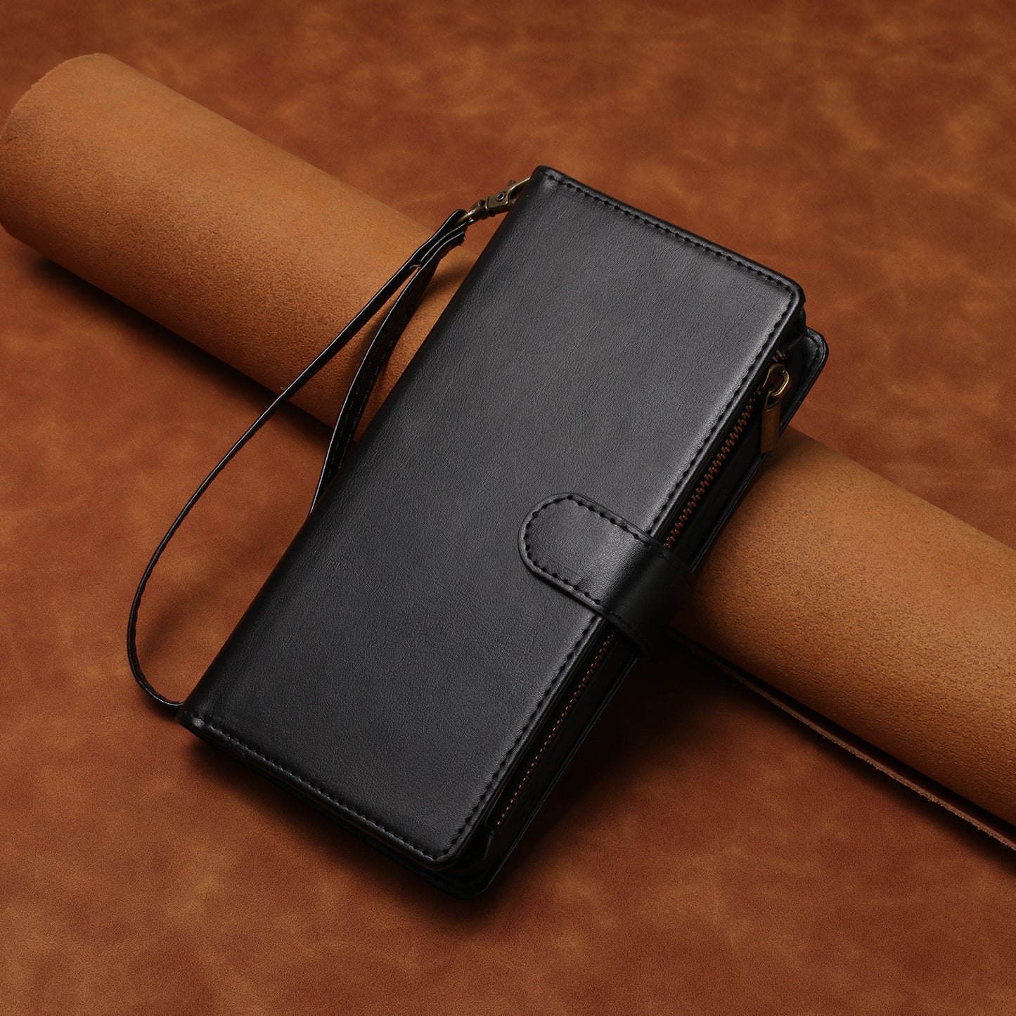 For iPhone 17e / 16e Leather Case Zipper Wallet Stand Shockproof Phone Cover with Wrist Strap