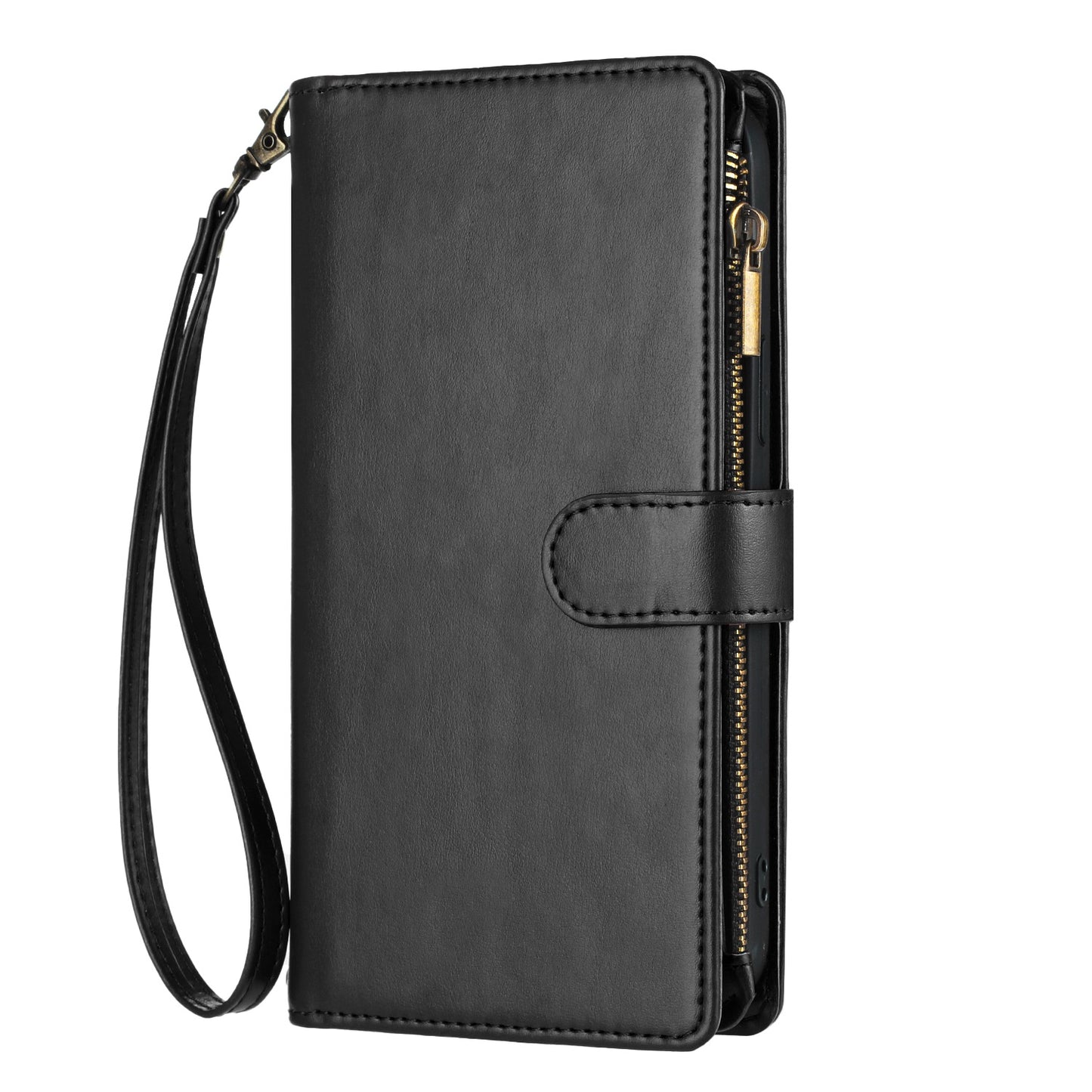 For iPhone 17e / 16e Leather Case Zipper Wallet Stand Shockproof Phone Cover with Wrist Strap