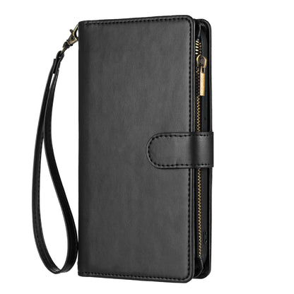 For iPhone 17e / 16e Leather Case Zipper Wallet Stand Shockproof Phone Cover with Wrist Strap