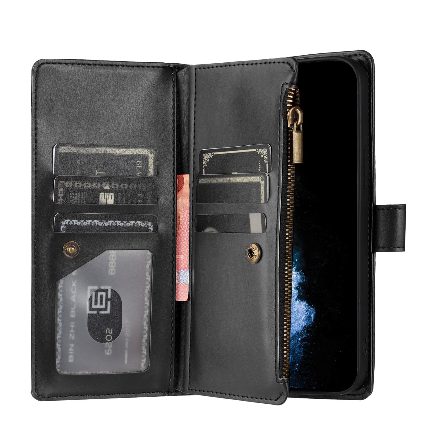 For iPhone 17e / 16e Leather Case Zipper Wallet Stand Shockproof Phone Cover with Wrist Strap