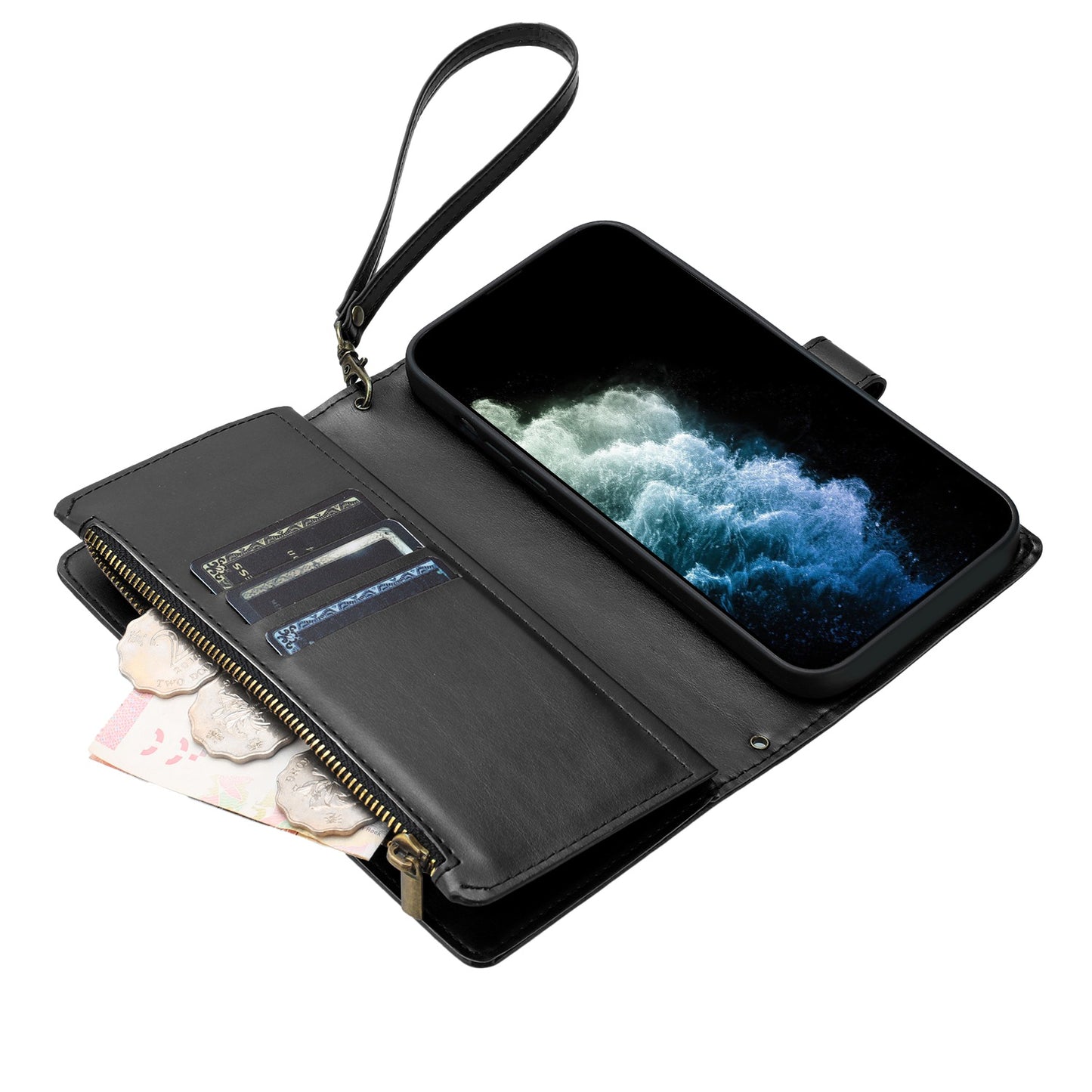 For iPhone 17e / 16e Leather Case Zipper Wallet Stand Shockproof Phone Cover with Wrist Strap