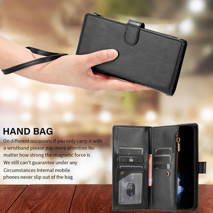 For iPhone 17e / 16e Leather Case Zipper Wallet Stand Shockproof Phone Cover with Wrist Strap