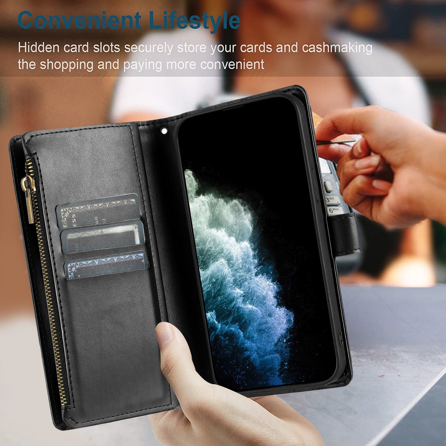 For iPhone 17e / 16e Leather Case Zipper Wallet Stand Shockproof Phone Cover with Wrist Strap