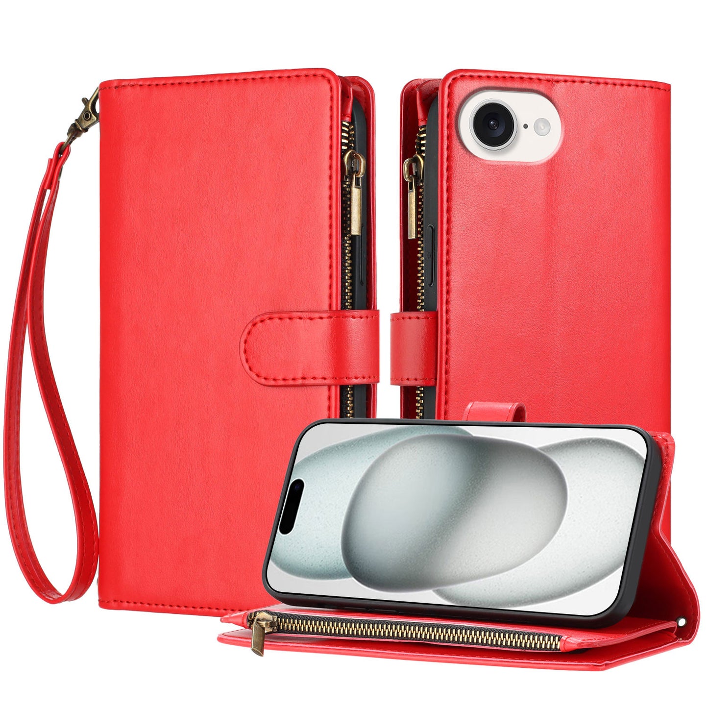 For iPhone 17e / 16e Leather Case Zipper Wallet Stand Shockproof Phone Cover with Wrist Strap