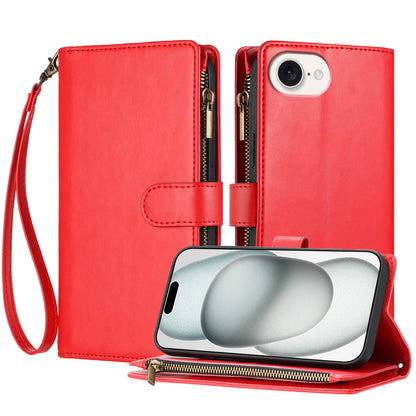 For iPhone 17e / 16e Leather Case Zipper Wallet Stand Shockproof Phone Cover with Wrist Strap