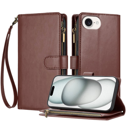 For iPhone 17e / 16e Leather Case Zipper Wallet Stand Shockproof Phone Cover with Wrist Strap