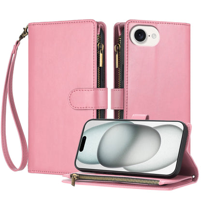 For iPhone 17e / 16e Leather Case Zipper Wallet Stand Shockproof Phone Cover with Wrist Strap