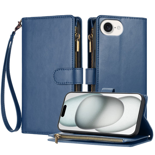 For iPhone 17e / 16e Leather Case Zipper Wallet Stand Shockproof Phone Cover with Wrist Strap