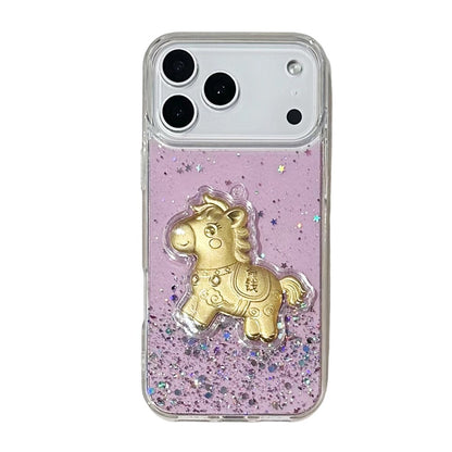 For iPhone 17 Pro Max Case Sparkling Glitter PC Phone Cover with Golden Horse Ornament