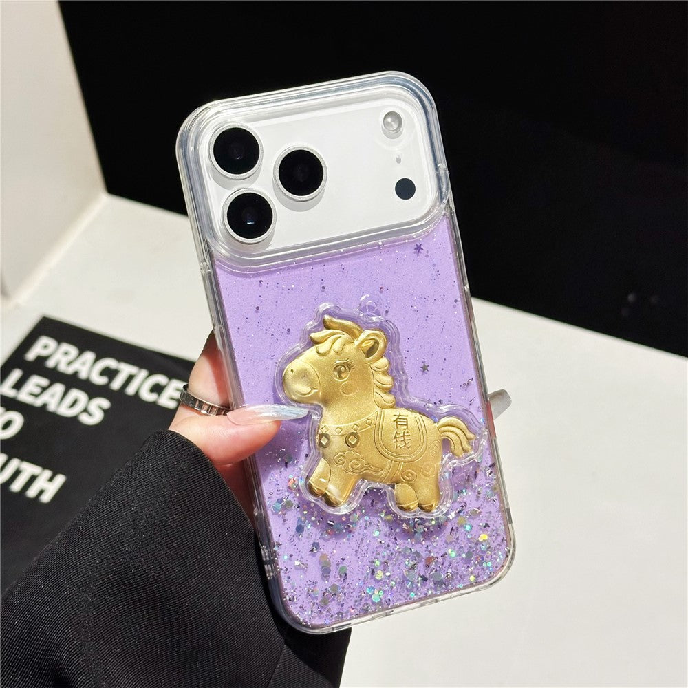 For iPhone 17 Pro Max Case Sparkling Glitter PC Phone Cover with Golden Horse Ornament