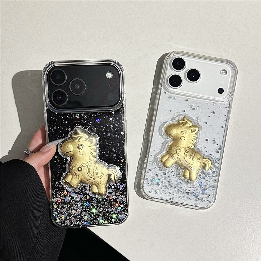 For iPhone 17 Pro Max Case Sparkling Glitter PC Phone Cover with Golden Horse Ornament