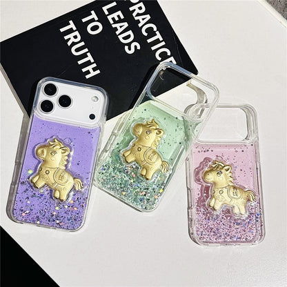 For iPhone 17 Pro Max Case Sparkling Glitter PC Phone Cover with Golden Horse Ornament