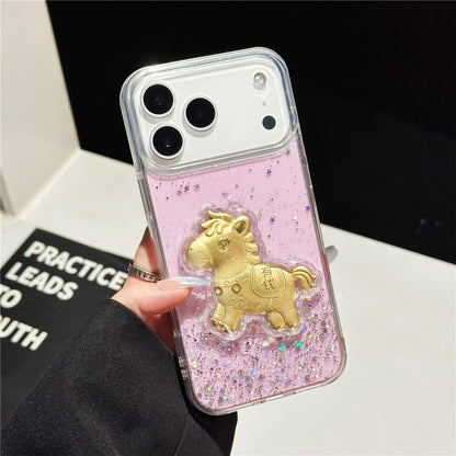 For iPhone 17 Pro Max Case Sparkling Glitter PC Phone Cover with Golden Horse Ornament