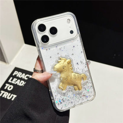 For iPhone 17 Pro Max Case Sparkling Glitter PC Phone Cover with Golden Horse Ornament