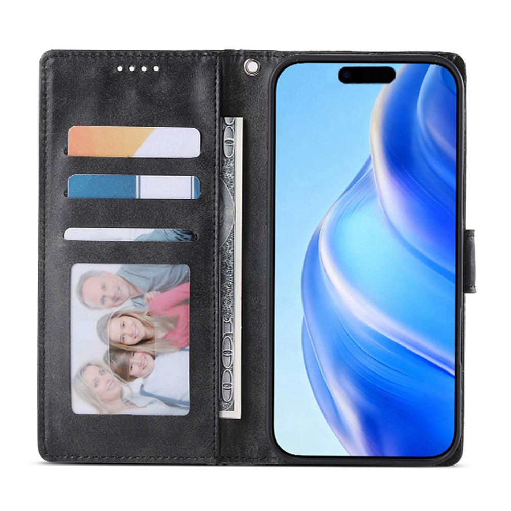 For iPhone 16 Pro Max Case Stand Wallet Calf Texture PU Leather Flip Phone Cover with Wrist Strap