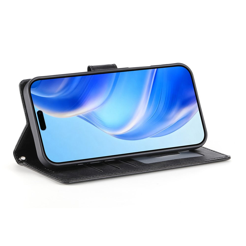 For iPhone 16 Pro Max Case Stand Wallet Calf Texture PU Leather Flip Phone Cover with Wrist Strap