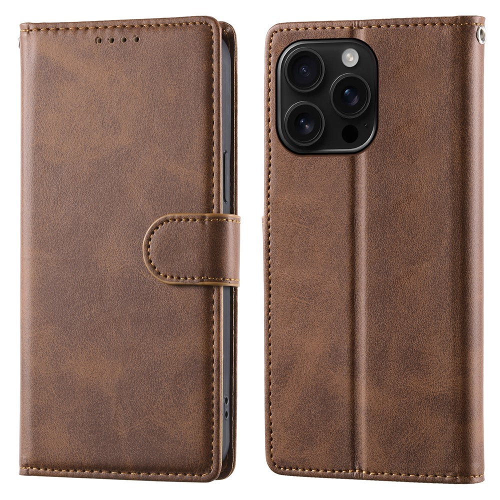 For iPhone 16 Pro Max Case Stand Wallet Calf Texture PU Leather Flip Phone Cover with Wrist Strap