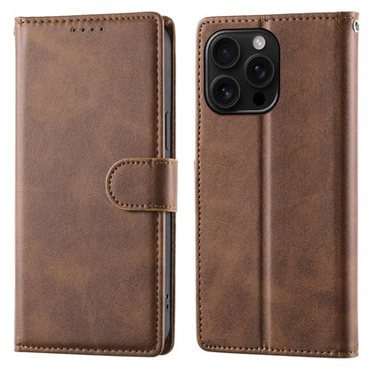 For iPhone 16 Pro Max Case Stand Wallet Calf Texture PU Leather Flip Phone Cover with Wrist Strap