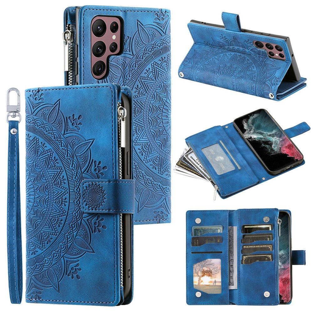 For Samsung Galaxy S26 Ultra Wallet Case Mandala Flower Pattern PU Leather Phone Cover with Wrist Strap