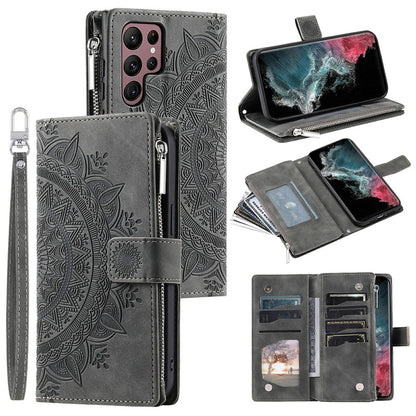 For Samsung Galaxy S26 Ultra Wallet Case Mandala Flower Pattern PU Leather Phone Cover with Wrist Strap