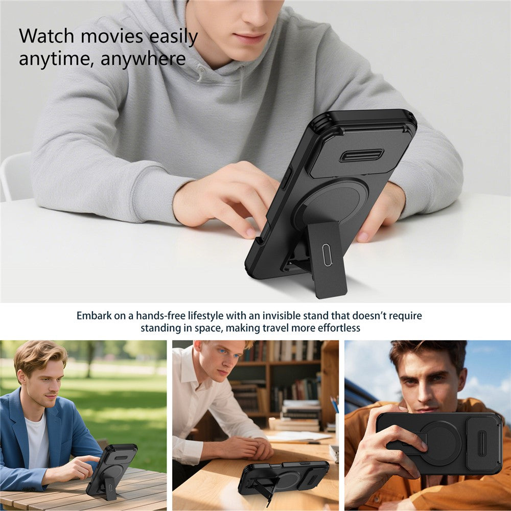 For iPhone 17 Pro Case Kickstand Camera Slider PC + TPU Phone Cover Compatible with MagSafe