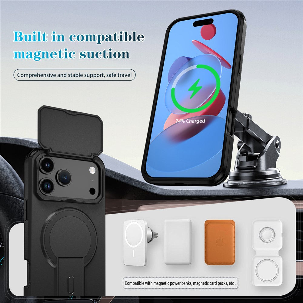 For iPhone 17 Pro Case Kickstand Camera Slider PC + TPU Phone Cover Compatible with MagSafe