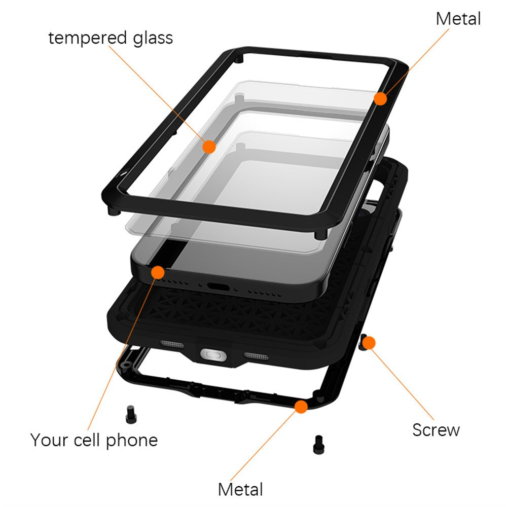 LOVE MEI For iPhone 17 Pro Max Case Tempered Glass Screen Protector Metal + Silicone Phone Cover