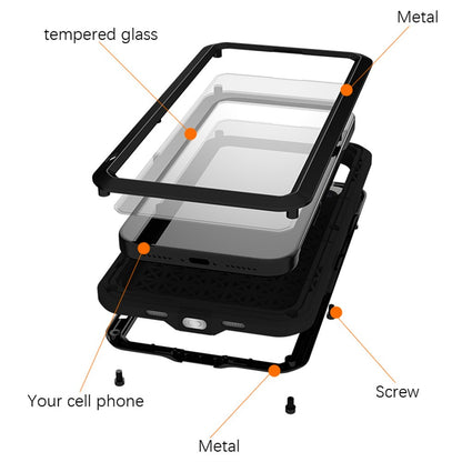 LOVE MEI For iPhone 17 Pro Max Case Tempered Glass Screen Protector Metal + Silicone Phone Cover
