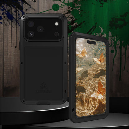 LOVE MEI For iPhone 17 Pro Max Case Tempered Glass Screen Protector Metal + Silicone Phone Cover