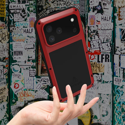 LOVE MEI For iPhone 17 Pro Max Case Tempered Glass Screen Protector Metal + Silicone Phone Cover