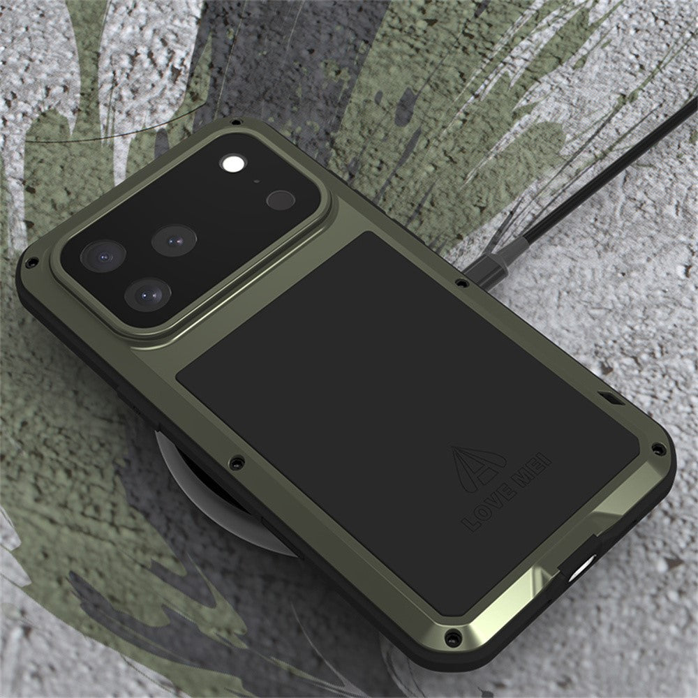 LOVE MEI For iPhone 17 Pro Max Case Tempered Glass Screen Protector Metal + Silicone Phone Cover