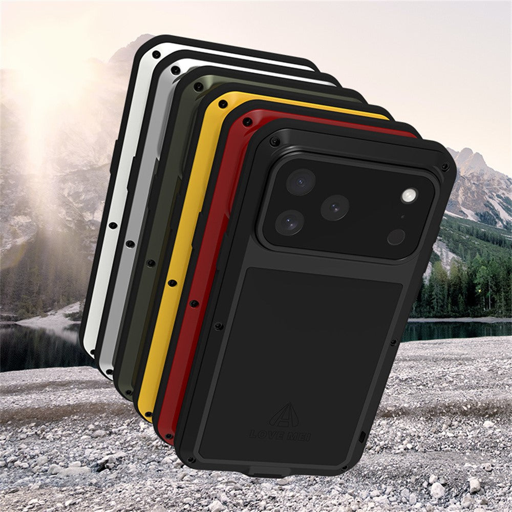 LOVE MEI For iPhone 17 Pro Max Case Tempered Glass Screen Protector Metal + Silicone Phone Cover