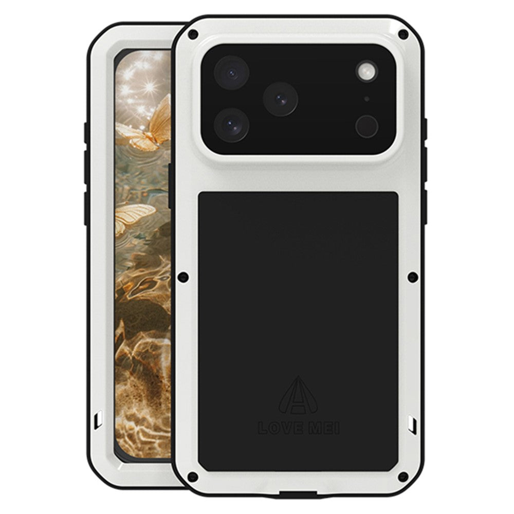 LOVE MEI For iPhone 17 Pro Max Case Tempered Glass Screen Protector Metal + Silicone Phone Cover