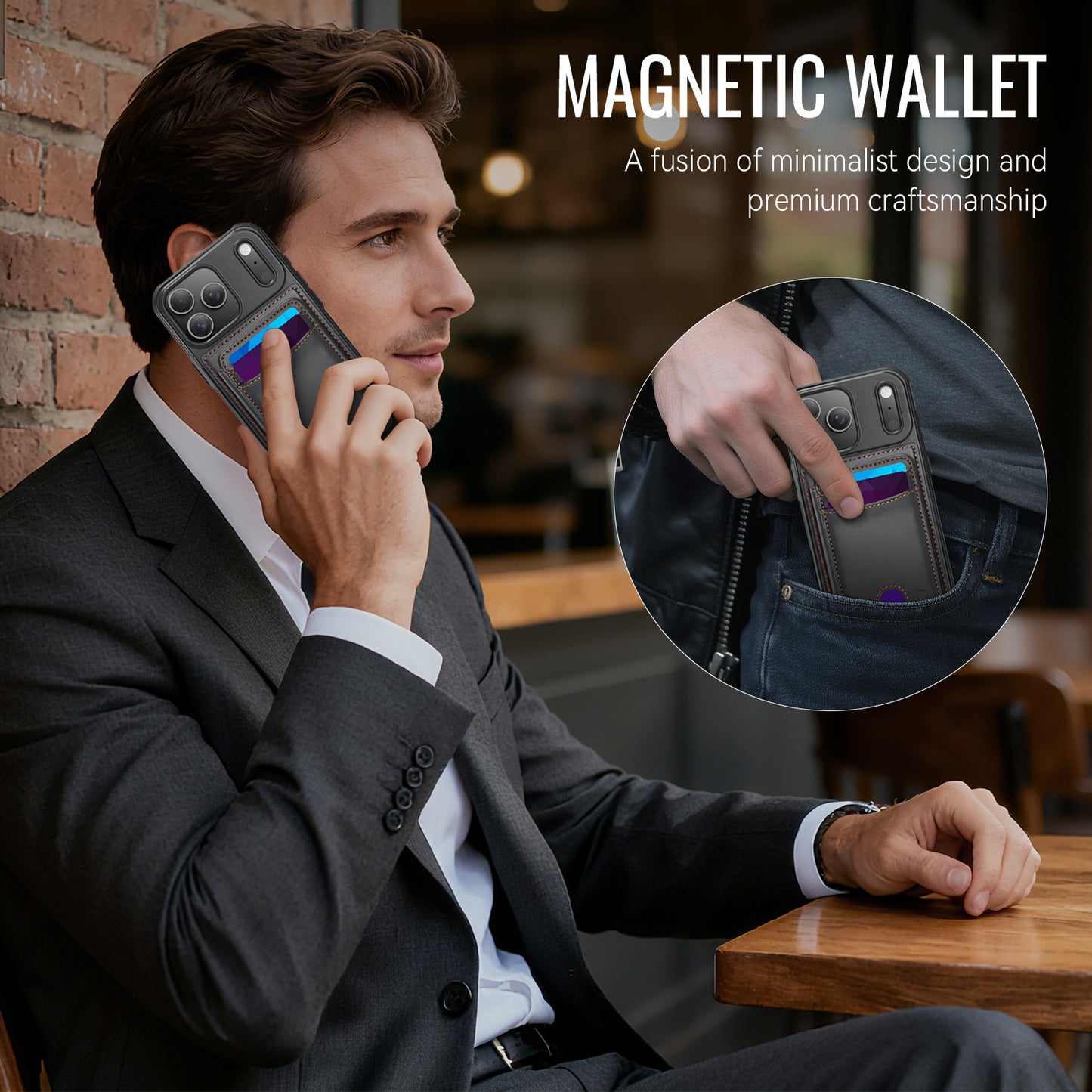 JEEHOOD J10 For iPhone 17 Pro Case with Detachable Card Holder Kickstand Compatible with MagSafe Leather Back Phone Cover