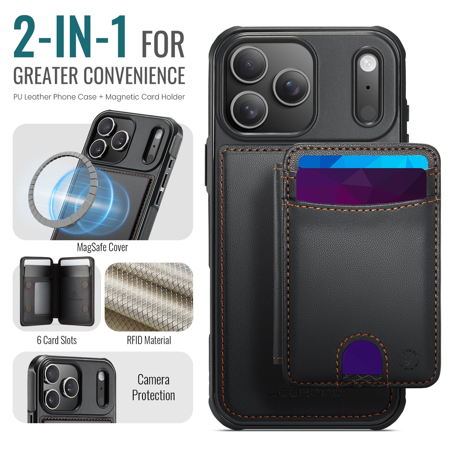 JEEHOOD J10 For iPhone 17 Pro Case with Detachable Card Holder Kickstand Compatible with MagSafe Leather Back Phone Cover