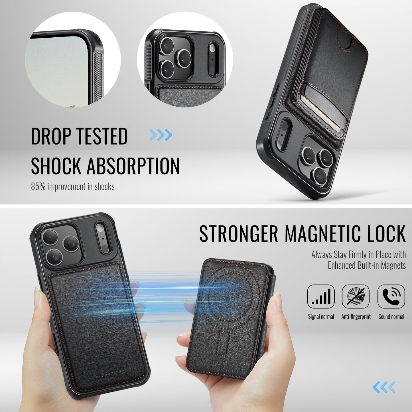 JEEHOOD J10 For iPhone 17 Pro Case with Detachable Card Holder Kickstand Compatible with MagSafe Leather Back Phone Cover