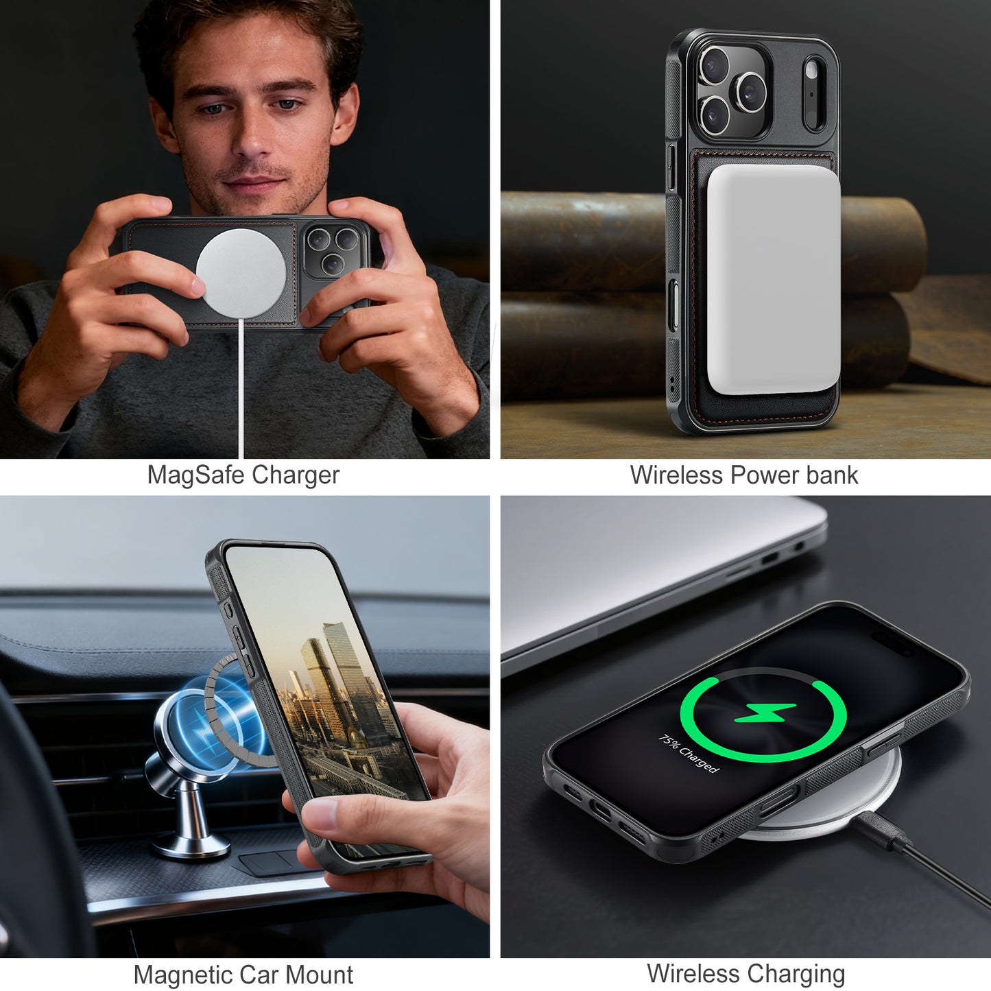 JEEHOOD J10 For iPhone 17 Pro Case with Detachable Card Holder Kickstand Compatible with MagSafe Leather Back Phone Cover